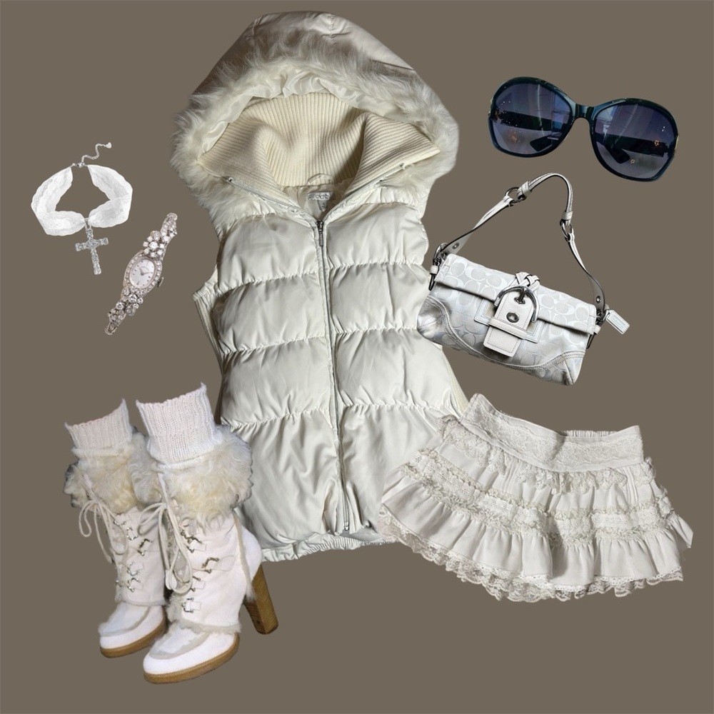cache y2k arctic white down puffer vest w/ fur hood
